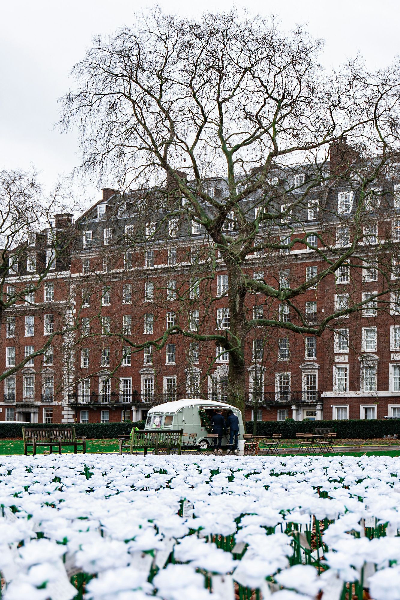 Red brick mansion blocks around a Mayfair garden square