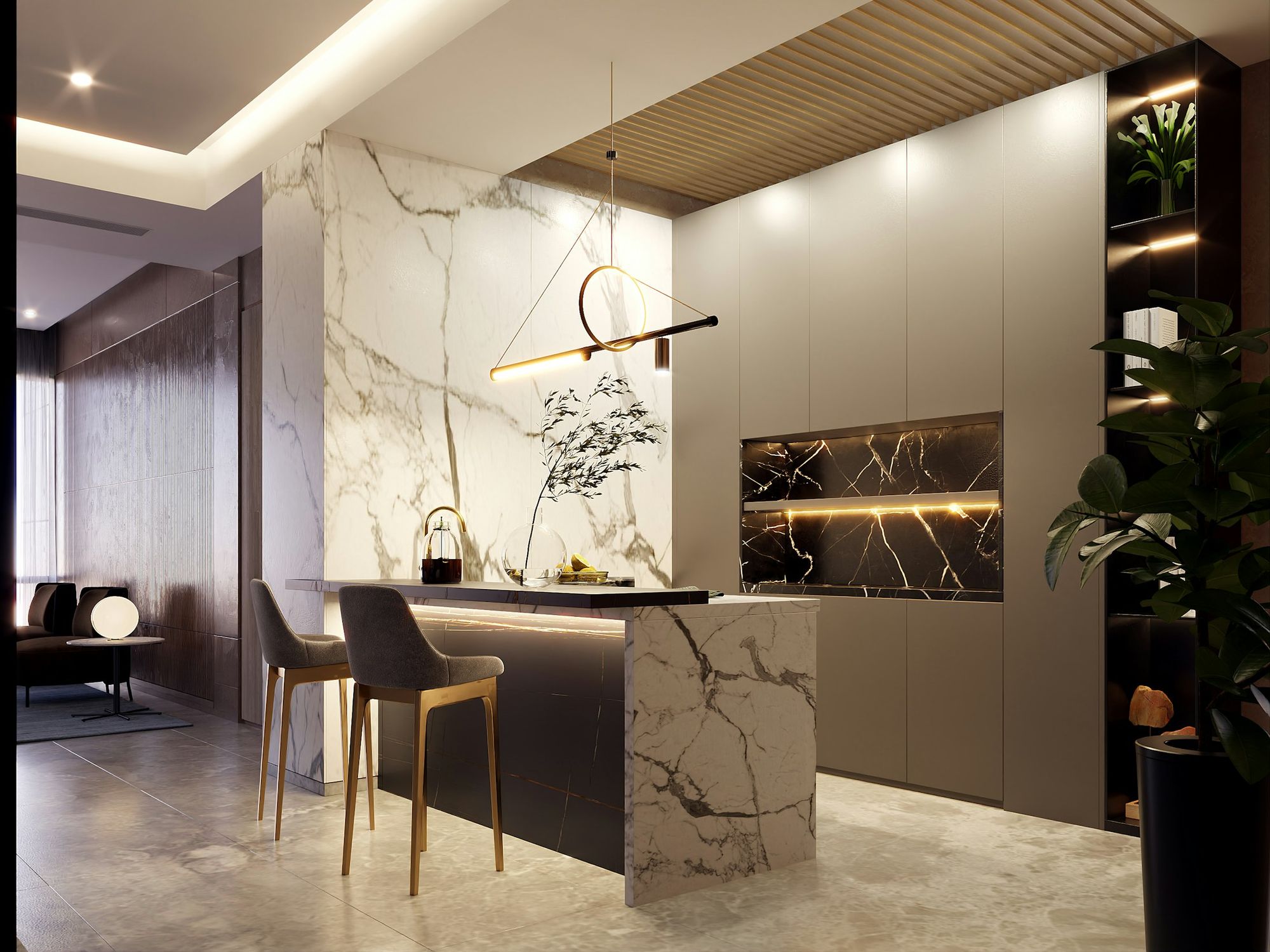 A marble kitchen island with a pendant light